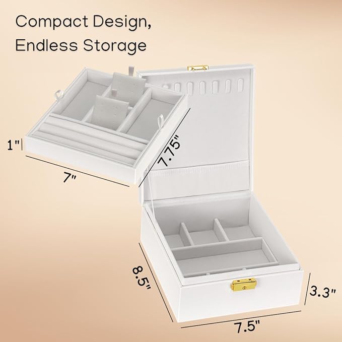 2 Layer Woman Jewelry Box, Jewelry Organizer For Woman, Men & Girls Large Case 8.5x7.5x3.3in | PU Leather White Jewelry Gift Storage Boxes For Ring, Necklace & Bracelet With Lock