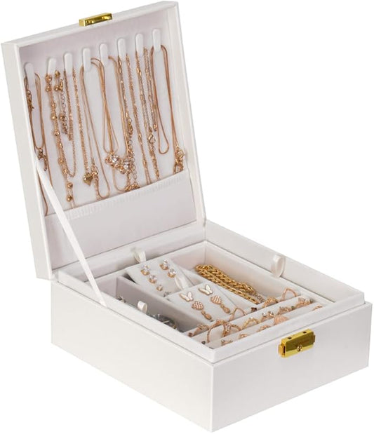 2 Layer Woman Jewelry Box, Jewelry Organizer For Woman, Men & Girls Large Case 8.5x7.5x3.3in | PU Leather White Jewelry Gift Storage Boxes For Ring, Necklace & Bracelet With Lock