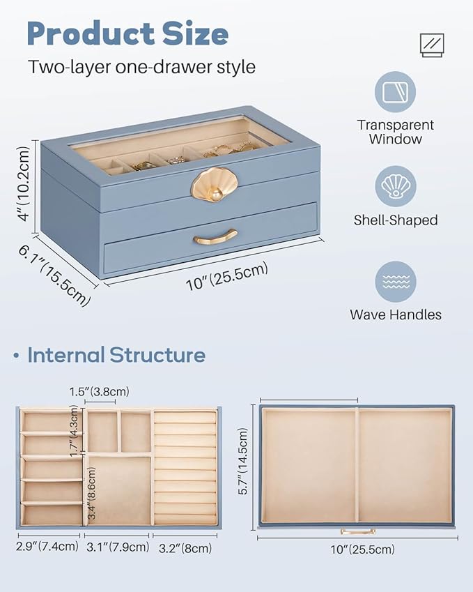 Jewelry Box with 1 Drawers: Display Organizer for Earrings Necklaces - Gift for Girls Women (Grey Blue)