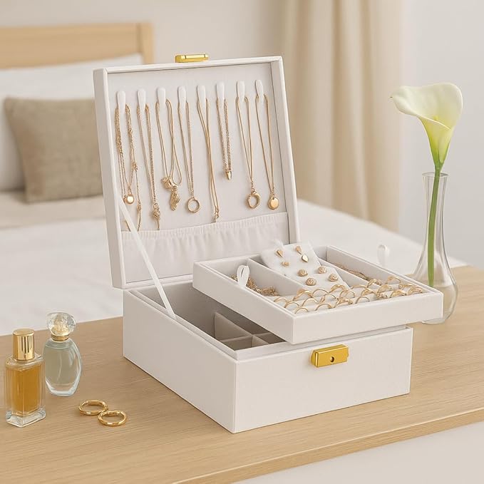 2 Layer Woman Jewelry Box, Jewelry Organizer For Woman, Men & Girls Large Case 8.5x7.5x3.3in | PU Leather White Jewelry Gift Storage Boxes For Ring, Necklace & Bracelet With Lock