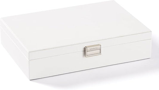 Jewelry Box with Lid,Jewelry Organizer with big Mirror,PU Leather Jewelry Storage Display Holder for Necklace Earrings Rings Bracelets,Lockable,Gift for Women Girls(White)
