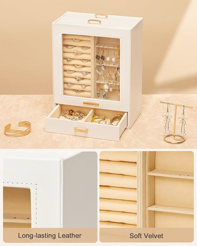 Jewelry Organizer Girls Women Jewelry Box for Necklaces Rings Earrings Gift Bracelets Storage Case (White + Gold)