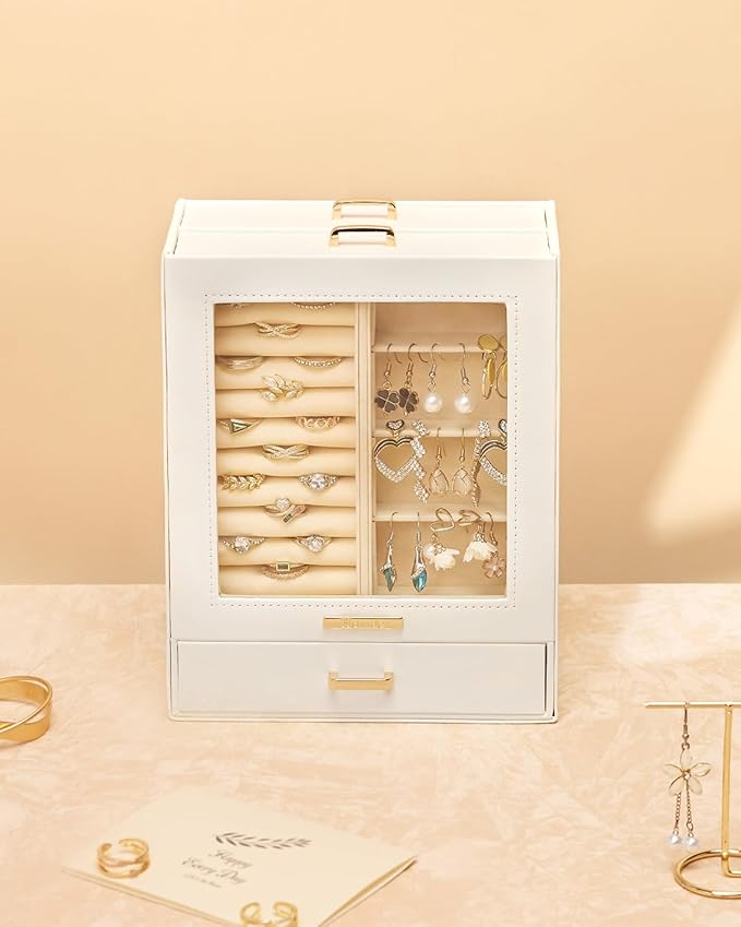 Jewelry Organizer Girls Women Jewelry Box for Necklaces Rings Earrings Gift Bracelets Storage Case (White + Gold)