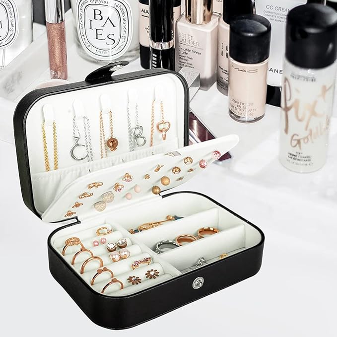 Travel Jewelry Box, PU Leather Small Jewelry Organizer for Women Girls, Portable Mini Travel Case Display Storage Holder Boxes for Stud Earrings, Rings, Necklaces, Bracelets