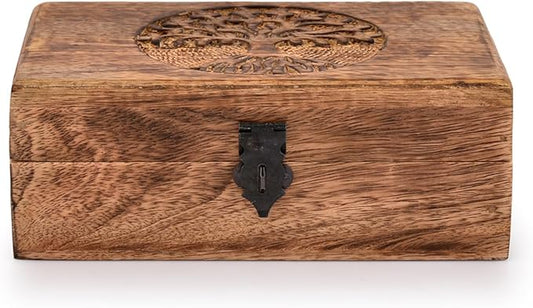 Handmade Mango Wood Tree of Life Engraving Beautifully Keepsake Box Jewellery Organiser Unique Gift Ideas for Men & Women (Flame Work Finish)