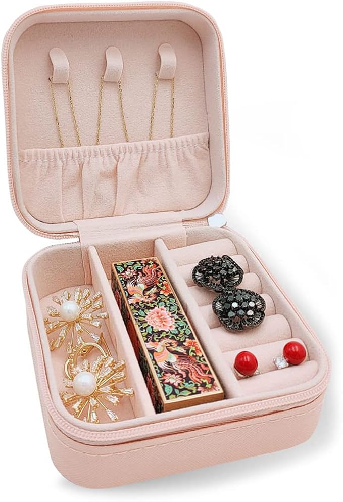 Small Travel Jewelry Case, To Go Portable Jewelry Box, Travel Jewelry Organizer,Portable Jewellery Storage Holder for Rings Earrings Necklace, Gifts for Girls Women -Pink