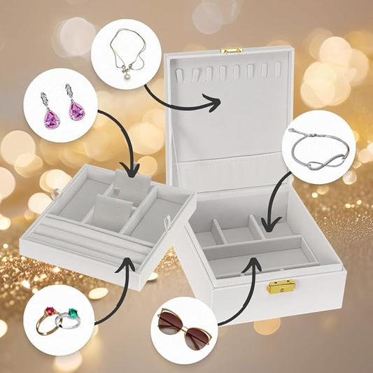 2 Layer Woman Jewelry Box, Jewelry Organizer For Woman, Men & Girls Large Case 8.5x7.5x3.3in | PU Leather White Jewelry Gift Storage Boxes For Ring, Necklace & Bracelet With Lock