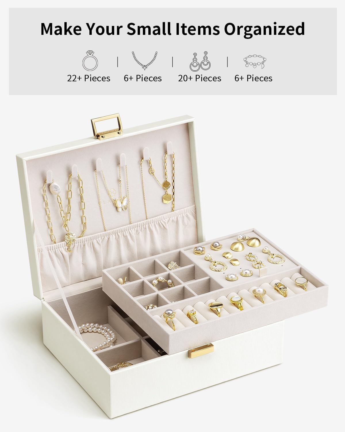 Jewelry Box for Women,2 Layer Jewelry Box, Teacher Gifts,Large Jewelry Organizer for Women Removable Jewelery Tray for Necklace Earrings Rings Bracelets (Cream White)