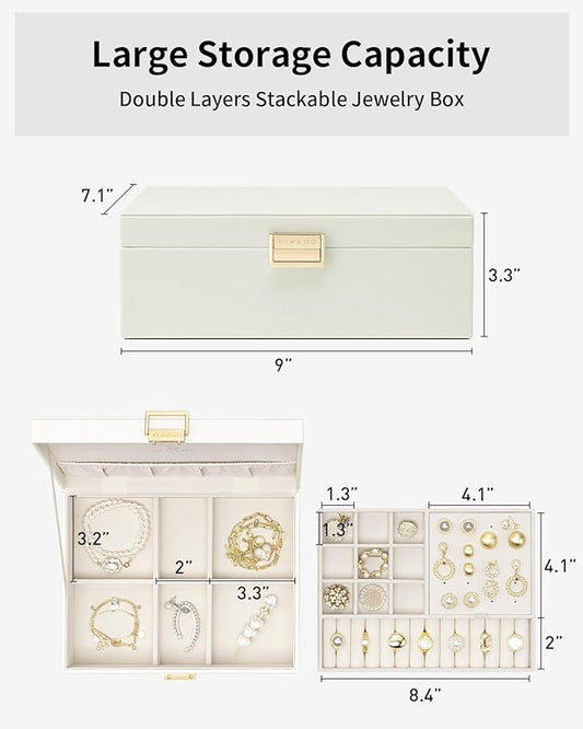 Jewelry Box for Women,2 Layer Jewelry Box, Teacher Gifts,Large Jewelry Organizer for Women Removable Jewelery Tray for Necklace Earrings Rings Bracelets (Cream White)
