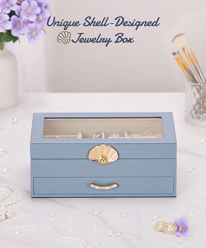 Jewelry Box with 1 Drawers: Display Organizer for Earrings Necklaces - Gift for Girls Women (Grey Blue)