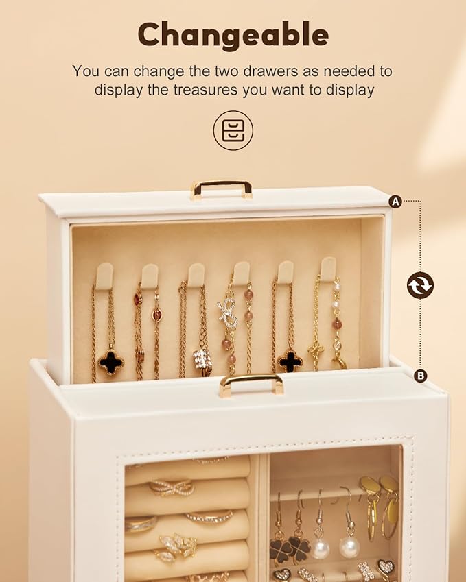 Jewelry Organizer Girls Women Jewelry Box for Necklaces Rings Earrings Gift Bracelets Storage Case (White + Gold)