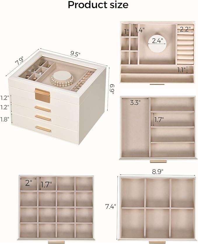 Jewelry Box for Women, Glass Lid Jewelry Organizer Box with 3 Drawers for Earrings Necklaces Rings Bracelets, Modern Style, Jewelry Storage, Birthday Christmas Gifts for Women, Cloud White