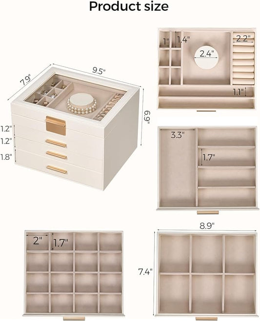 Jewelry Box for Women, Glass Lid Jewelry Organizer Box with 3 Drawers for Earrings Necklaces Rings Bracelets, Modern Style, Jewelry Storage, Birthday Christmas Gifts for Women, Cloud White