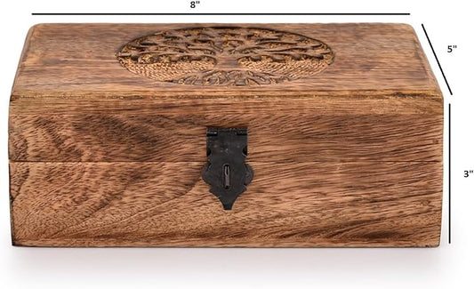 Handmade Mango Wood Tree of Life Engraving Beautifully Keepsake Box Jewellery Organiser Unique Gift Ideas for Men & Women (Flame Work Finish)