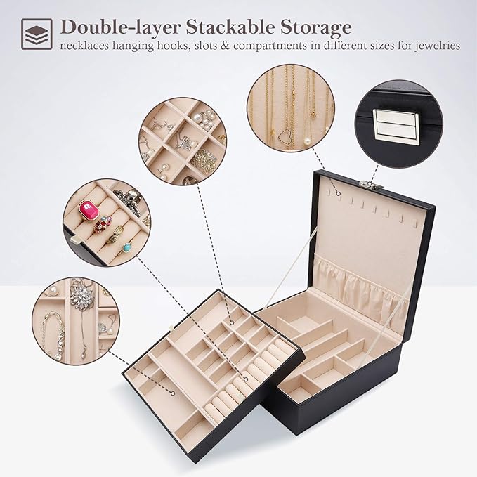 Jewelry Box for Women, 2 Layers Large Leather Jewelry Organizer Storage Case with Removable Pad for Earrings -Black