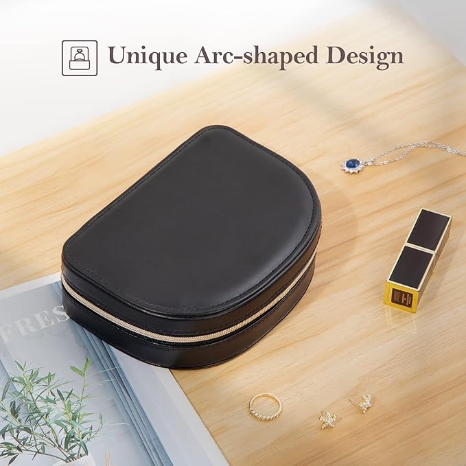 Travel Size Jewelry Box, Medium Portable Seashell-Shaped Jewelry Case, 2 Layer Jewelry Organizer in PU Leather for Women -Black
