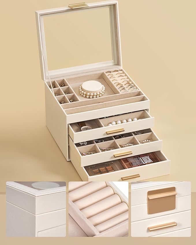Jewelry Box for Women, Glass Lid Jewelry Organizer Box with 3 Drawers for Earrings Necklaces Rings Bracelets, Modern Style, Jewelry Storage, Birthday Christmas Gifts for Women, Cloud White