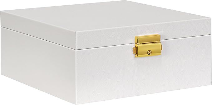 2 Layer Woman Jewelry Box, Jewelry Organizer For Woman, Men & Girls Large Case 8.5x7.5x3.3in | PU Leather White Jewelry Gift Storage Boxes For Ring, Necklace & Bracelet With Lock