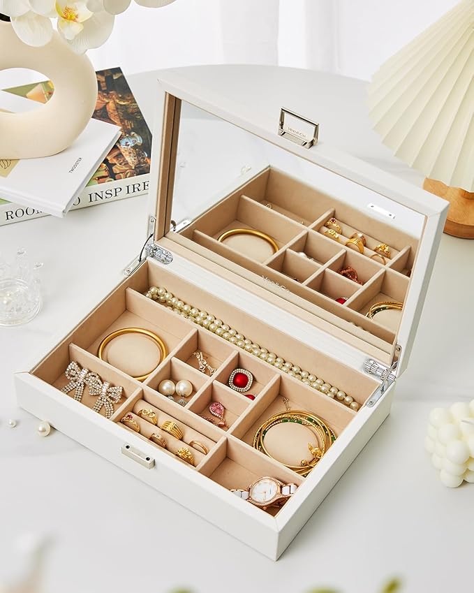 Jewelry Box with Lid,Jewelry Organizer with big Mirror,PU Leather Jewelry Storage Display Holder for Necklace Earrings Rings Bracelets,Lockable,Gift for Women Girls(White)