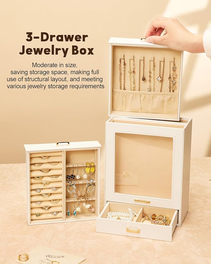 Jewelry Organizer Girls Women Jewelry Box for Necklaces Rings Earrings Gift Bracelets Storage Case (White + Gold)