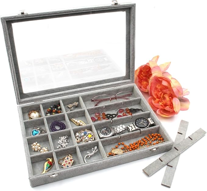 Jewelry Box Organizer Display Storage case（Gray-24 Grid）