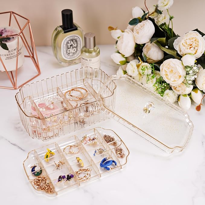 Transparent 3-Layer Jewelry Organizer Box with Elegant Gold Handle, Efficient Storage Versatile for Earrings, Rings, Bracelets & Watches, Stylish Multi-Functional Accessory Holder