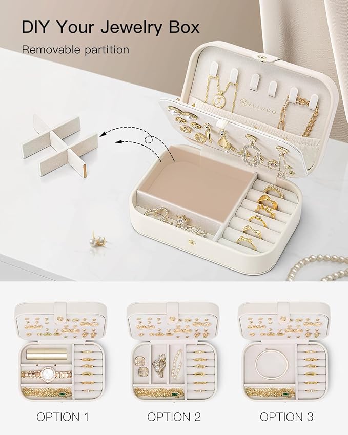 Travel Jewelry Case for Women Girls Mothers, PU Leather Portable Small Jewelry Box for Rings, Necklaces, Bracelets, Earring Holder Organizer Storage for Travel, Bridesmaid Gifts - Beige
