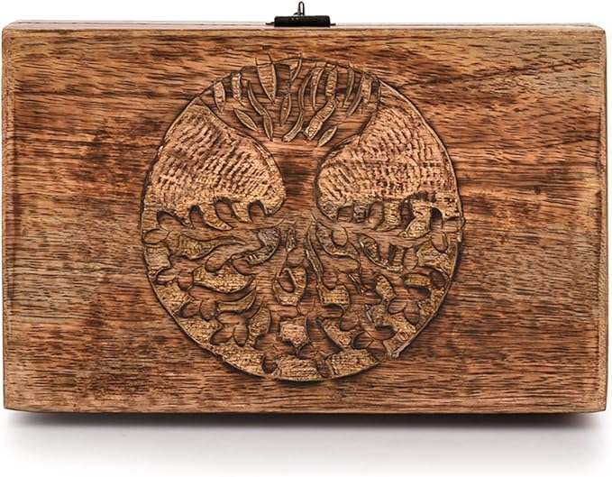 Handmade Mango Wood Tree of Life Engraving Beautifully Keepsake Box Jewellery Organiser Unique Gift Ideas for Men & Women (Flame Work Finish)
