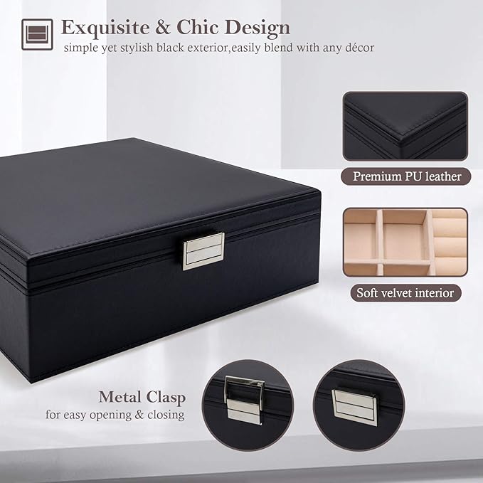 Jewelry Box for Women, 2 Layers Large Leather Jewelry Organizer Storage Case with Removable Pad for Earrings -Black