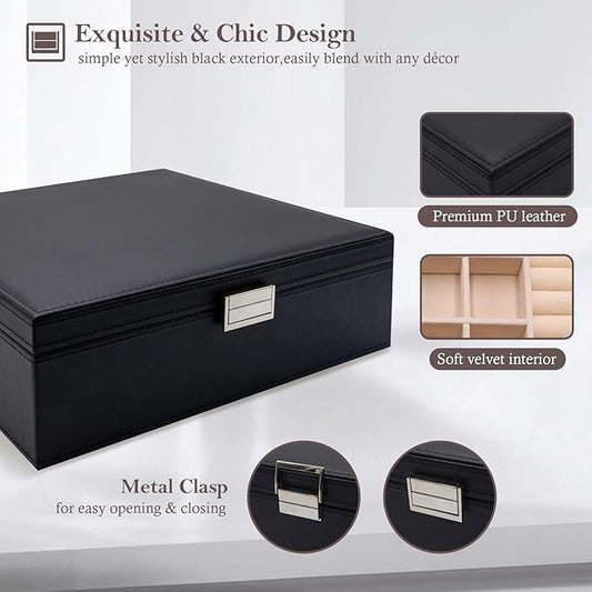 Jewelry Box for Women, 2 Layers Large Leather Jewelry Organizer Storage Case with Removable Pad for Earrings -Black