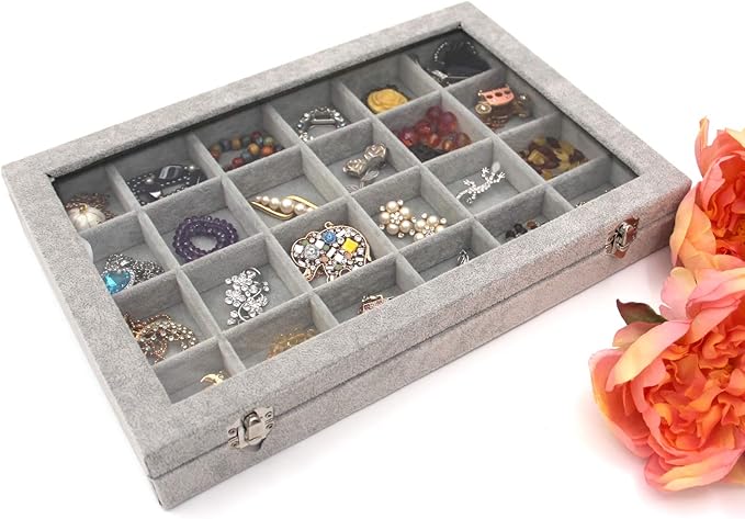 Jewelry Box Organizer Display Storage case（Gray-24 Grid）