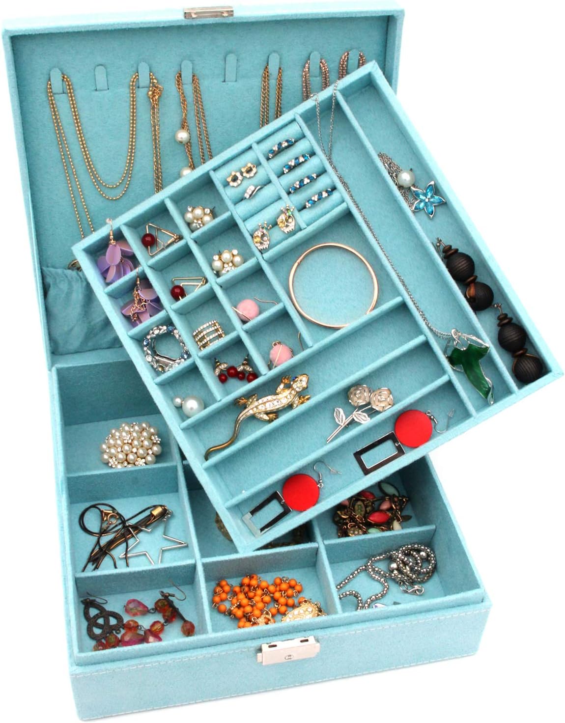 Two-Layer Jewelry Box Organizer Display Storage case with Lock (Blue)