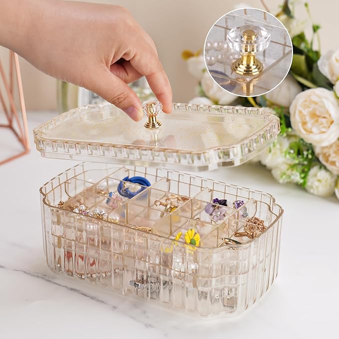 Transparent 3-Layer Jewelry Organizer Box with Elegant Gold Handle, Efficient Storage Versatile for Earrings, Rings, Bracelets & Watches, Stylish Multi-Functional Accessory Holder