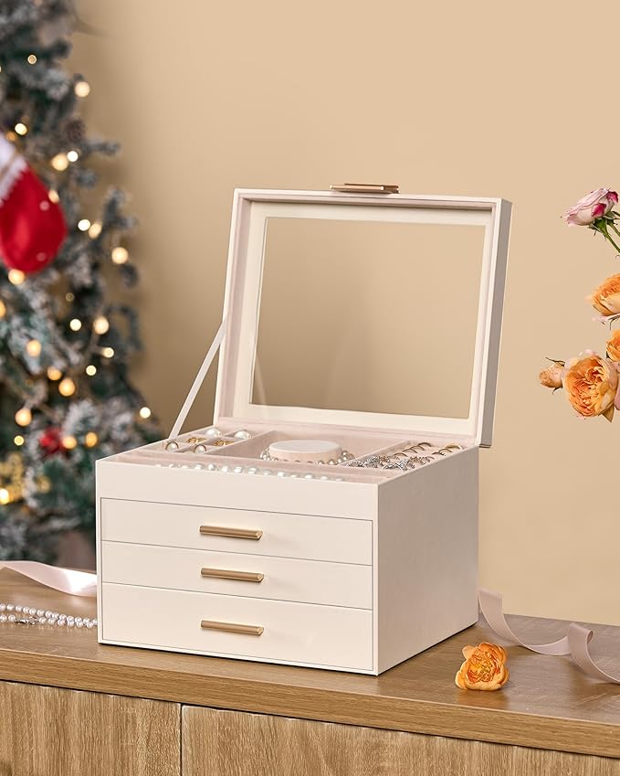 Jewelry Box for Women, Glass Lid Jewelry Organizer Box with 3 Drawers for Earrings Necklaces Rings Bracelets, Modern Style, Jewelry Storage, Birthday Christmas Gifts for Women, Cloud White