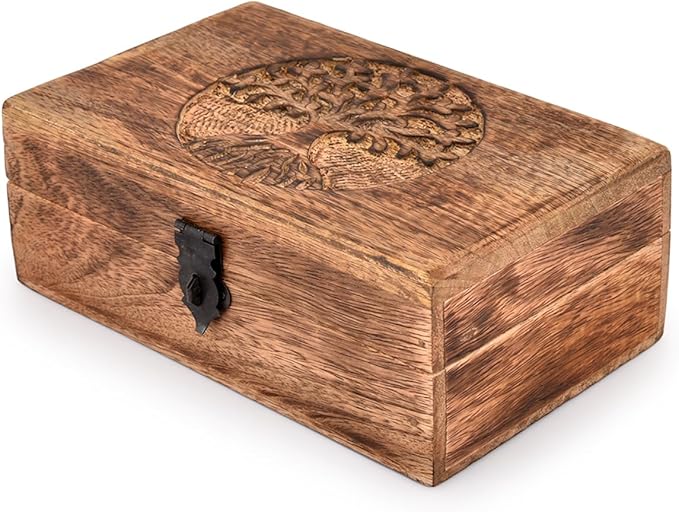 Handmade Mango Wood Tree of Life Engraving Beautifully Keepsake Box Jewellery Organiser Unique Gift Ideas for Men & Women (Flame Work Finish)