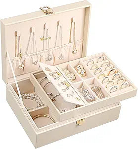Jewelry Box Organizer for Women Girls, 2 Layer Large Men Jewelry Storage Case, PU Leather Display Jewellery Holder with Removable Tray for Necklace Earrings Rings Bracelets, Vintage Gift,Apricot