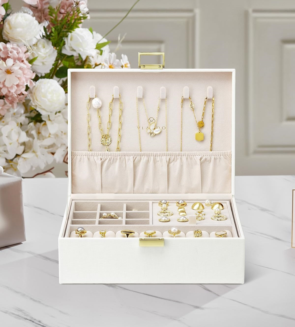 Jewelry Box for Women,2 Layer Jewelry Box, Teacher Gifts,Large Jewelry Organizer for Women Removable Jewelery Tray for Necklace Earrings Rings Bracelets (Cream White)