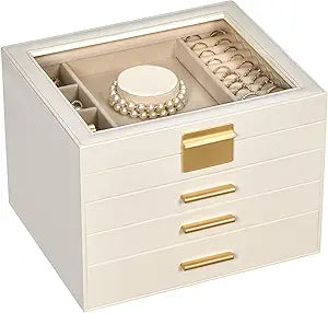 Jewelry Box for Women, Glass Lid Jewelry Organizer Box with 3 Drawers for Earrings Necklaces Rings Bracelets, Modern Style, Jewelry Storage, Birthday Christmas Gifts for Women, Cloud White