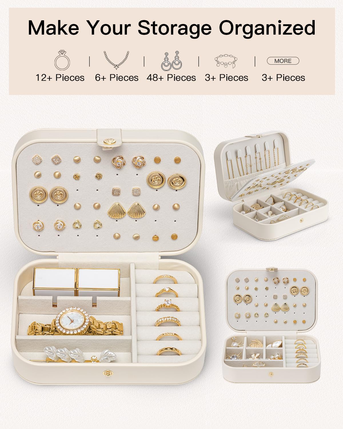 Travel Jewelry Case for Women Girls Mothers, PU Leather Portable Small Jewelry Box for Rings, Necklaces, Bracelets, Earring Holder Organizer Storage for Travel, Bridesmaid Gifts - Beige