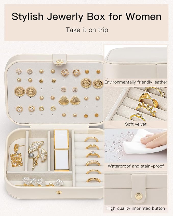 Travel Jewelry Case for Women Girls Mothers, PU Leather Portable Small Jewelry Box for Rings, Necklaces, Bracelets, Earring Holder Organizer Storage for Travel, Bridesmaid Gifts - Beige