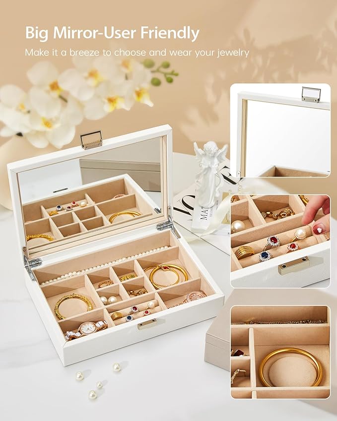 Jewelry Box with Lid,Jewelry Organizer with big Mirror,PU Leather Jewelry Storage Display Holder for Necklace Earrings Rings Bracelets,Lockable,Gift for Women Girls(White)
