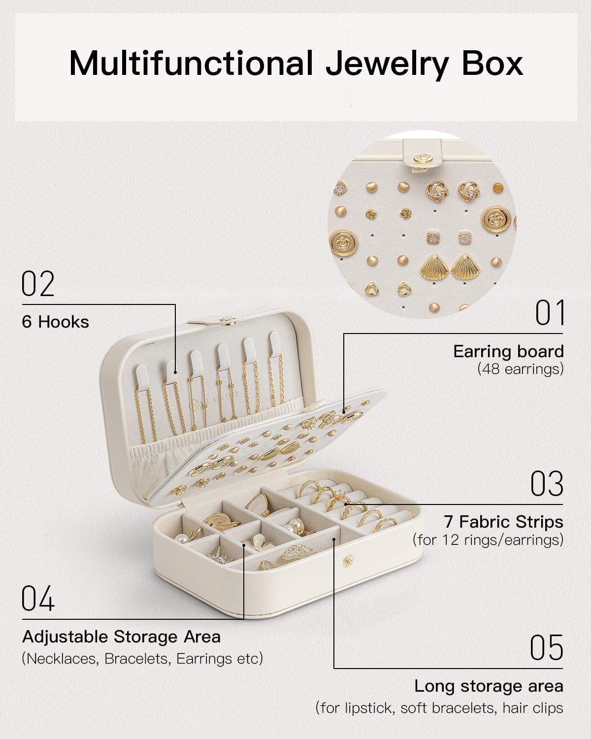 Travel Jewelry Case for Women Girls Mothers, PU Leather Portable Small Jewelry Box for Rings, Necklaces, Bracelets, Earring Holder Organizer Storage for Travel, Bridesmaid Gifts - Beige