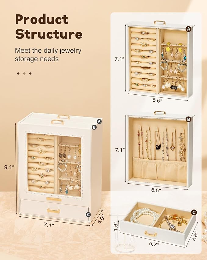 Jewelry Organizer Girls Women Jewelry Box for Necklaces Rings Earrings Gift Bracelets Storage Case (White + Gold)