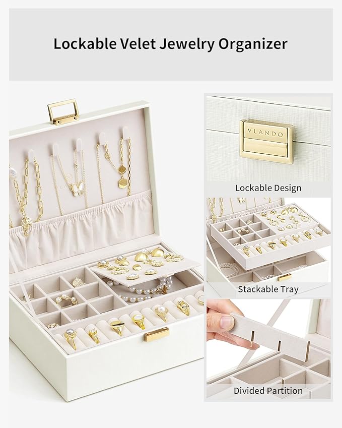 Jewelry Box for Women,2 Layer Jewelry Box, Teacher Gifts,Large Jewelry Organizer for Women Removable Jewelery Tray for Necklace Earrings Rings Bracelets (Cream White)