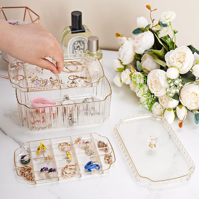 Transparent 3-Layer Jewelry Organizer Box with Elegant Gold Handle, Efficient Storage Versatile for Earrings, Rings, Bracelets & Watches, Stylish Multi-Functional Accessory Holder