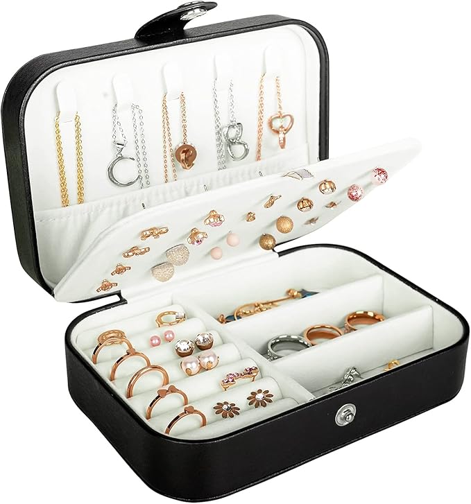 Travel Jewelry Box, PU Leather Small Jewelry Organizer for Women Girls, Portable Mini Travel Case Display Storage Holder Boxes for Stud Earrings, Rings, Necklaces, Bracelets
