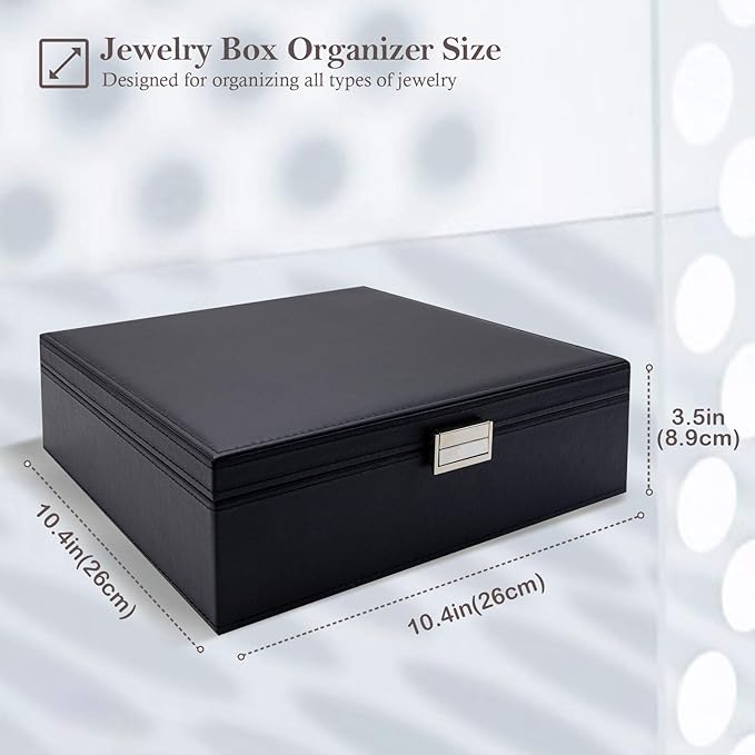 Jewelry Box for Women, 2 Layers Large Leather Jewelry Organizer Storage Case with Removable Pad for Earrings -Black