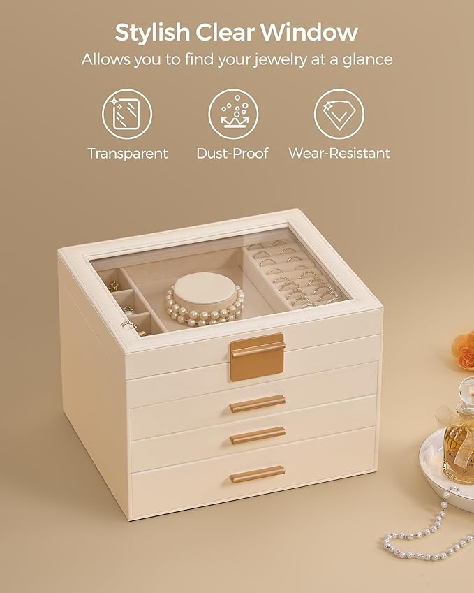 Jewelry Box for Women, Glass Lid Jewelry Organizer Box with 3 Drawers for Earrings Necklaces Rings Bracelets, Modern Style, Jewelry Storage, Birthday Christmas Gifts for Women, Cloud White