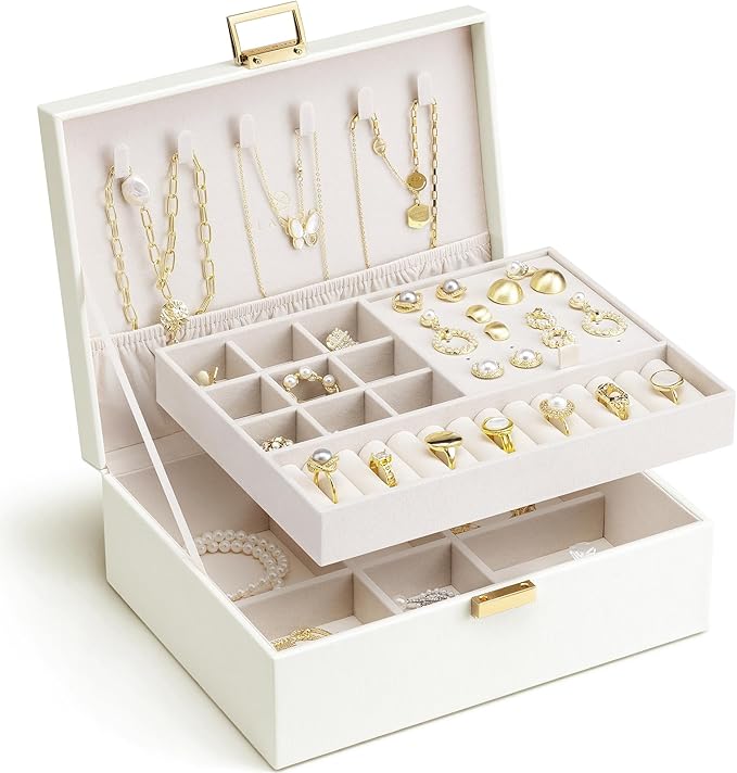 Jewelry Box for Women,2 Layer Jewelry Box, Teacher Gifts,Large Jewelry Organizer for Women Removable Jewelery Tray for Necklace Earrings Rings Bracelets (Cream White)