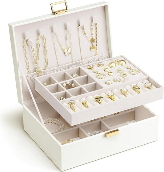 Jewelry Box for Women,2 Layer Jewelry Box, Teacher Gifts,Large Jewelry Organizer for Women Removable Jewelery Tray for Necklace Earrings Rings Bracelets (Cream White)